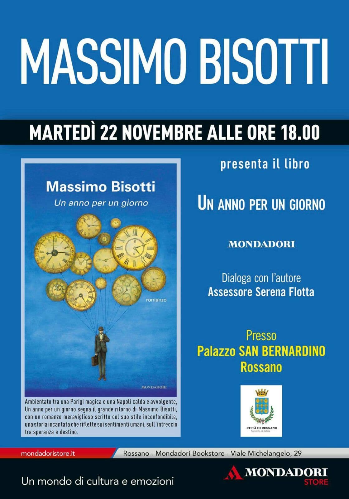 Cultura,lo scrittore Massimo Bisotti domani 22 novembre a Palazzo San Bernardino