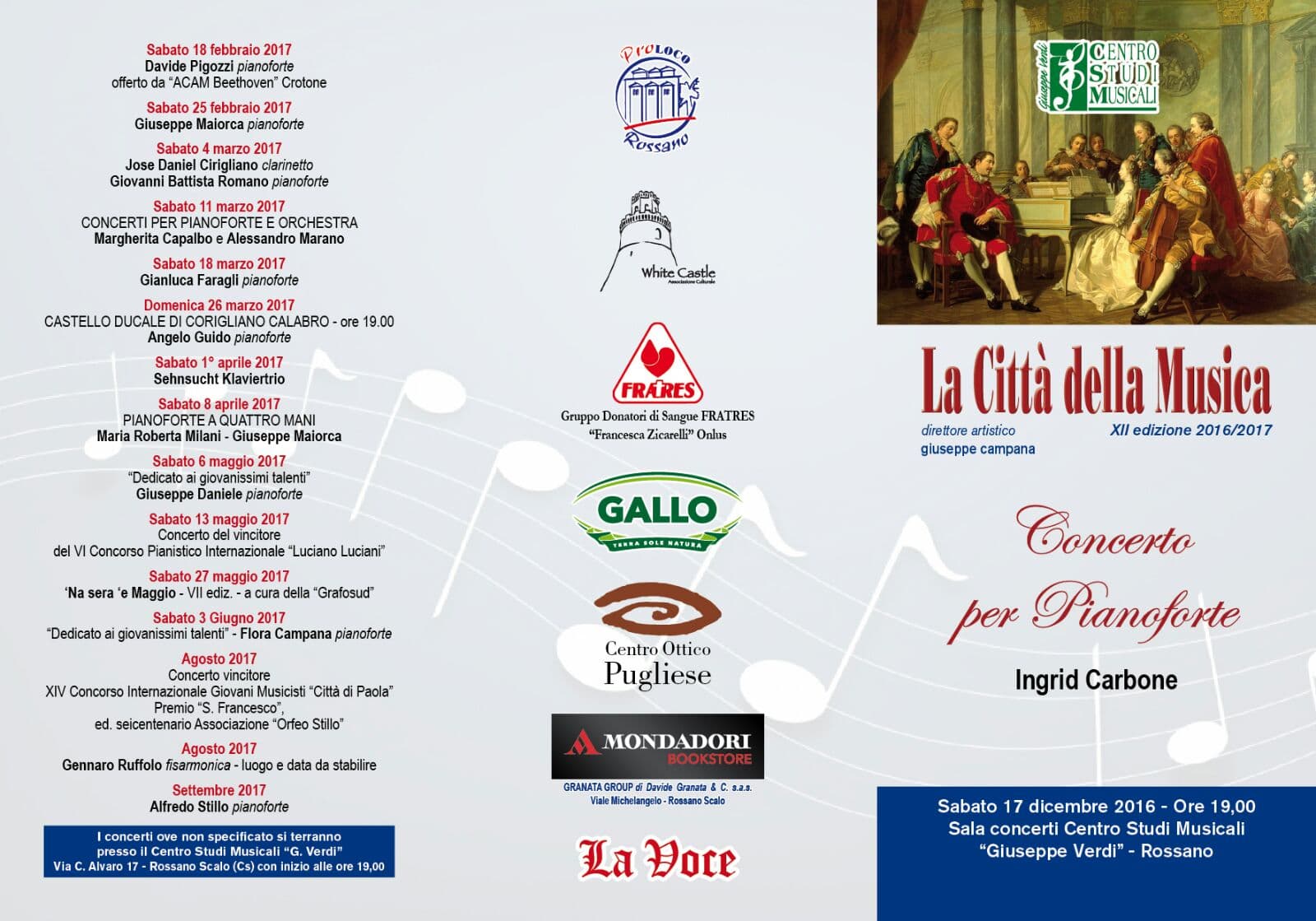Città della Musica XII edizione.Sabato 17 concerto per pianoforte