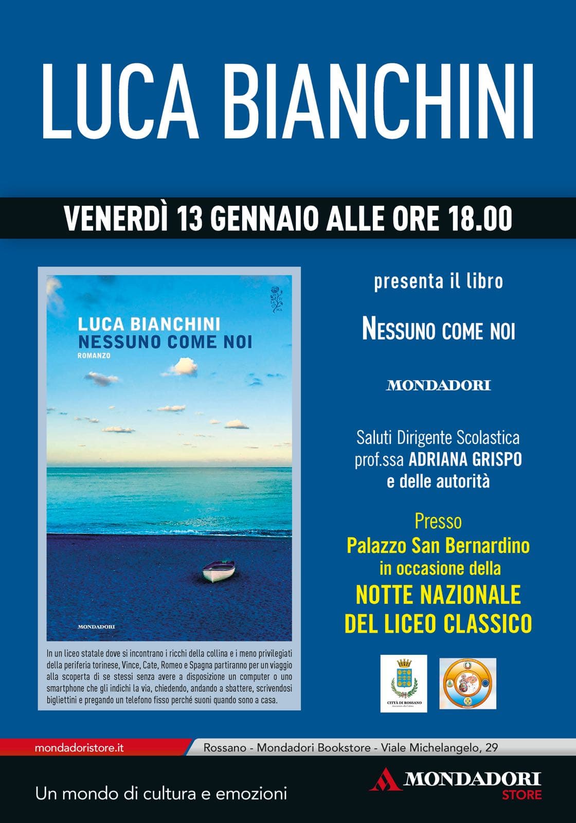 Lo scrittore Luca Bianchini a Rossano per presentare il suo ultimo libro