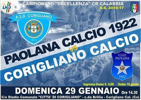 Calcio, Eccellenza: oggi derby dei due mari Corigliano - Paolana