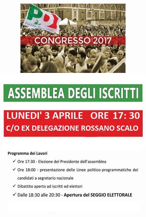 Pd: il 3 aprile convenzione del Circolo Democratico di Rossano