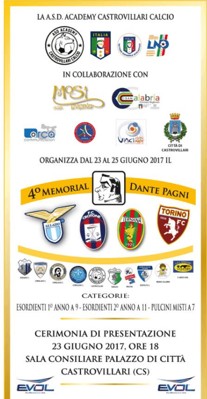 Castrovillari: 24 e 25 giugno IV Memorial e Premio "Dante Pagni", stadio Mimmo Rende