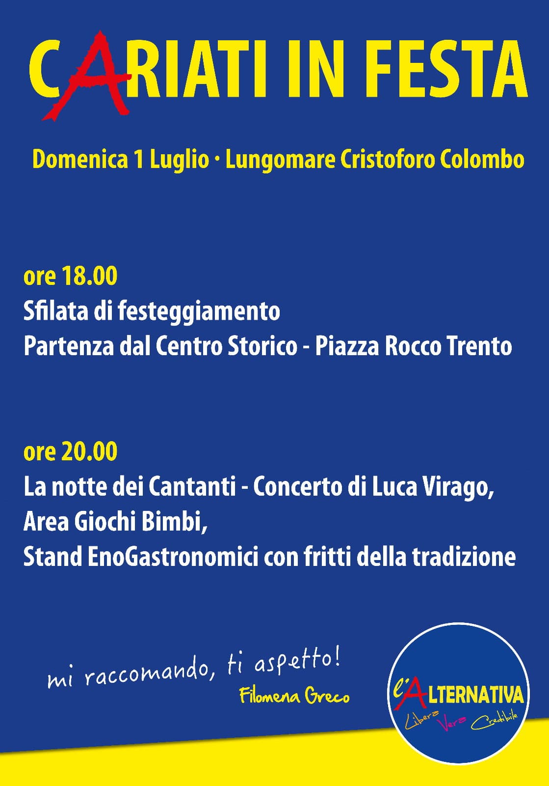 "Cariati in festa", lungomare: il 30 l'Alternativa festeggia la vittoria