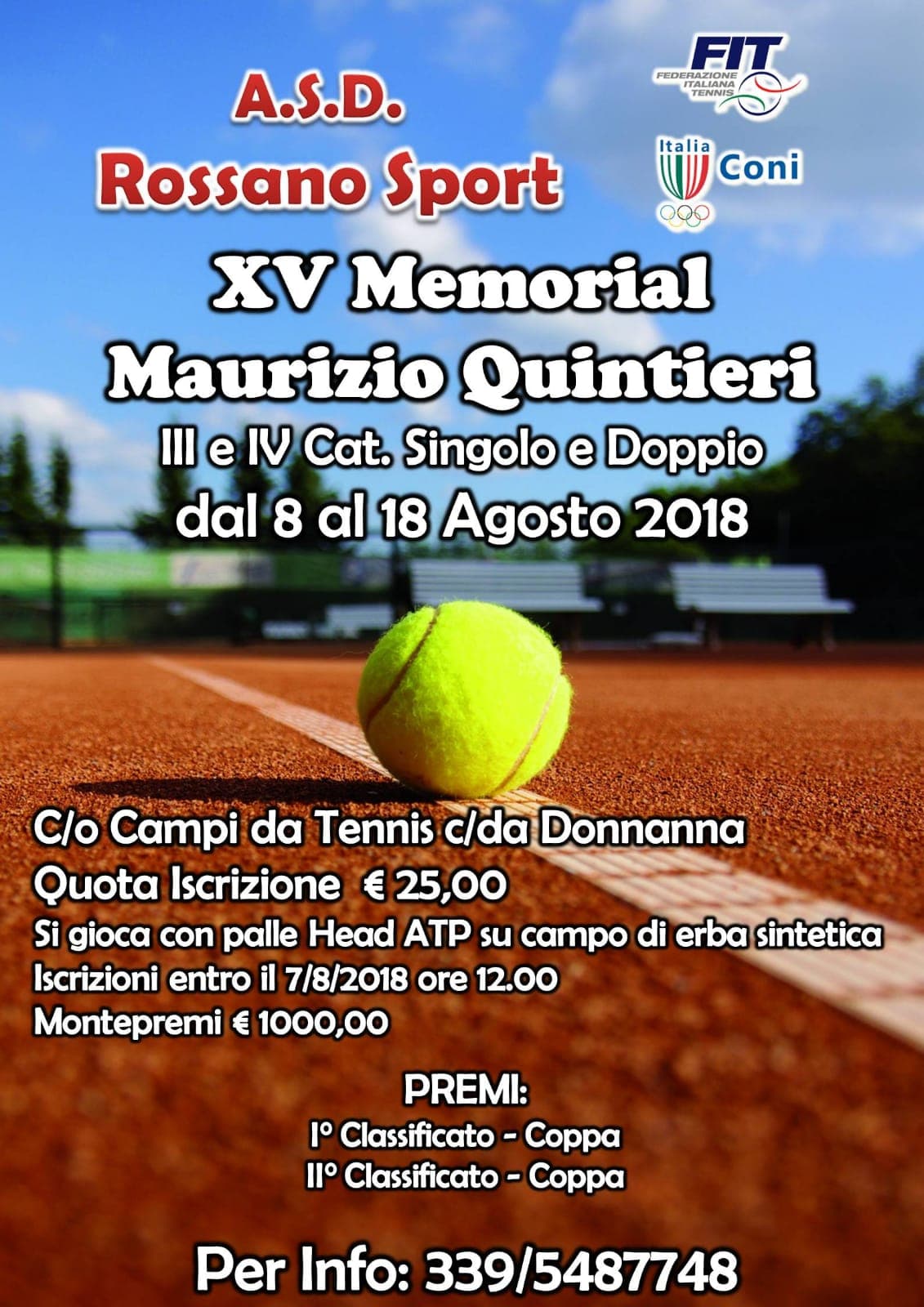 Rossano: dal 8 al 18 agosto il XV Memorial di tennis Maurizio Quintieri