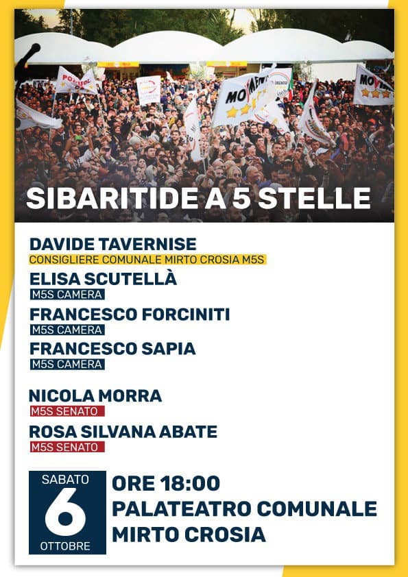 Mirto Crosia,sabato 6 ottobre,Palateatro comunale l'evento "Sibaritide a 5 stelle"