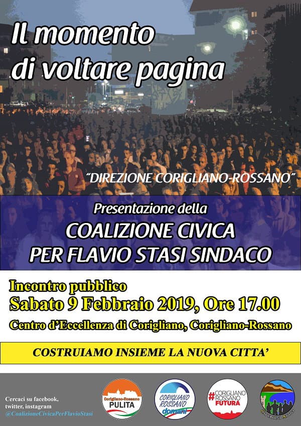 Domani 9 febbraio a Corigliano, incontro pubblico della coalizione civica per Flavio Stasi Sindaco
