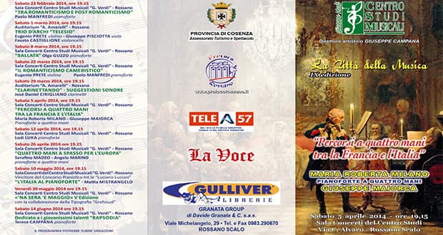 Rossano, sabato 5 aprile concerto a quattro mani
