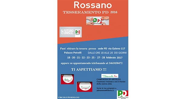 Pd Rossano, al via il tesseramento