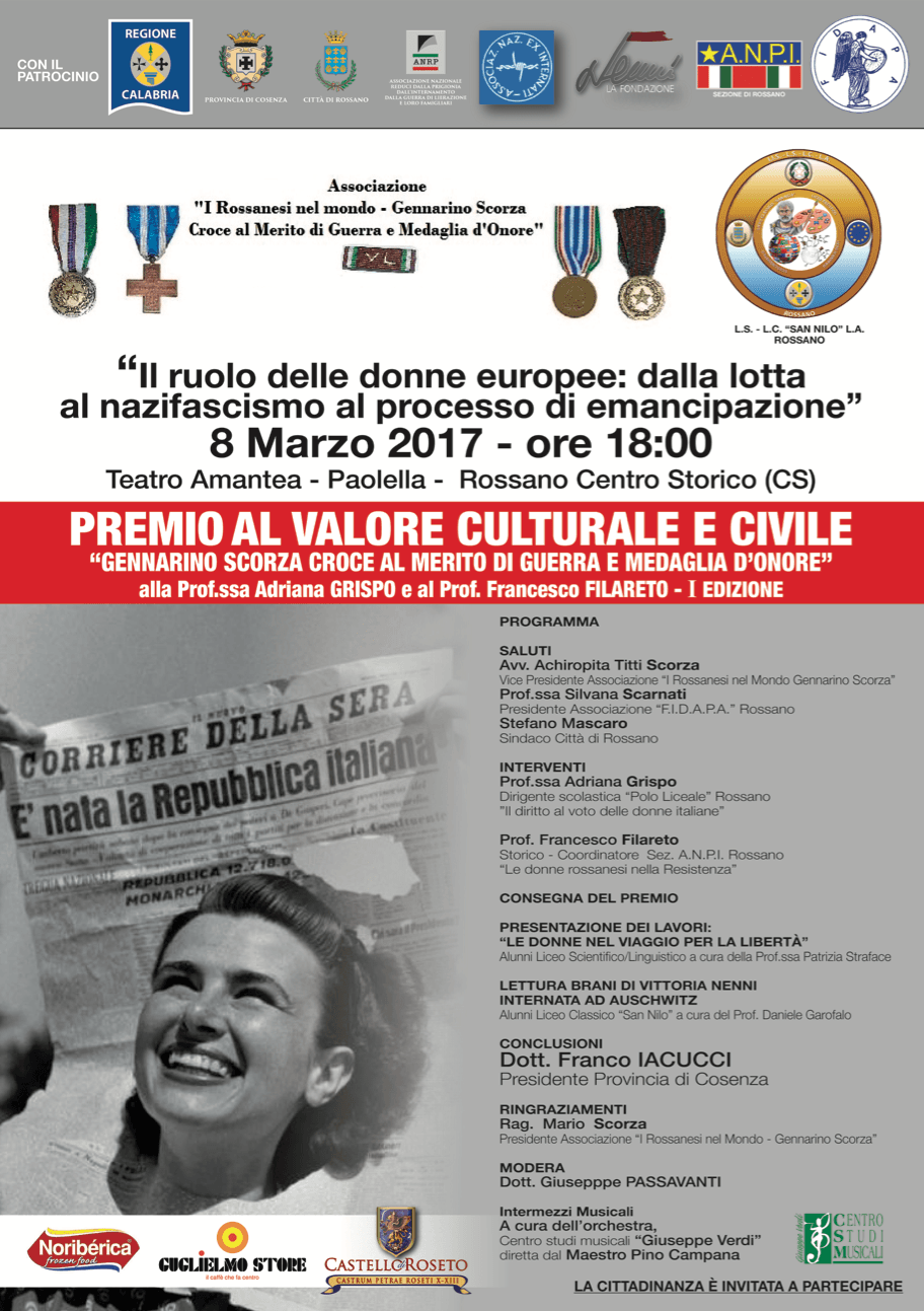 Rossano: convegno "Il ruolo delle donne europee, dalla lotta al nazifascismo al processo di emancipazione"