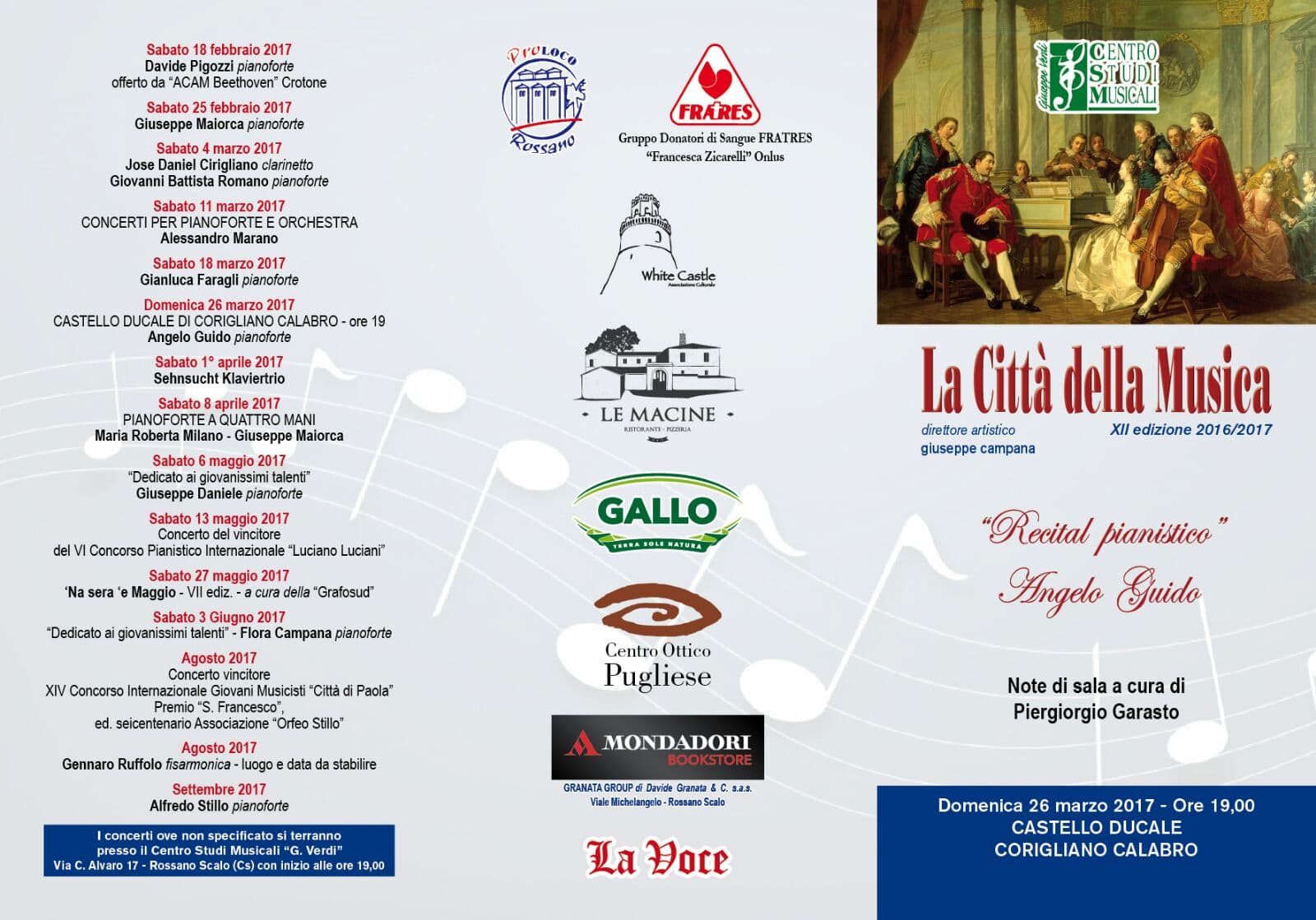 Città della Musica, Corigliano: Castello Ducale domenica 26 marzo ore 19. Il maestro Guido