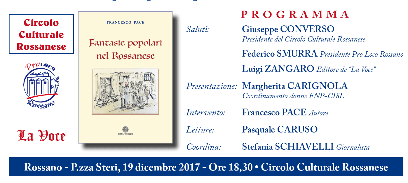 Cultura,Rossano: oggi alle 19 il libro "Fantasie Popolari nel Rossanese"del prof. Pace
