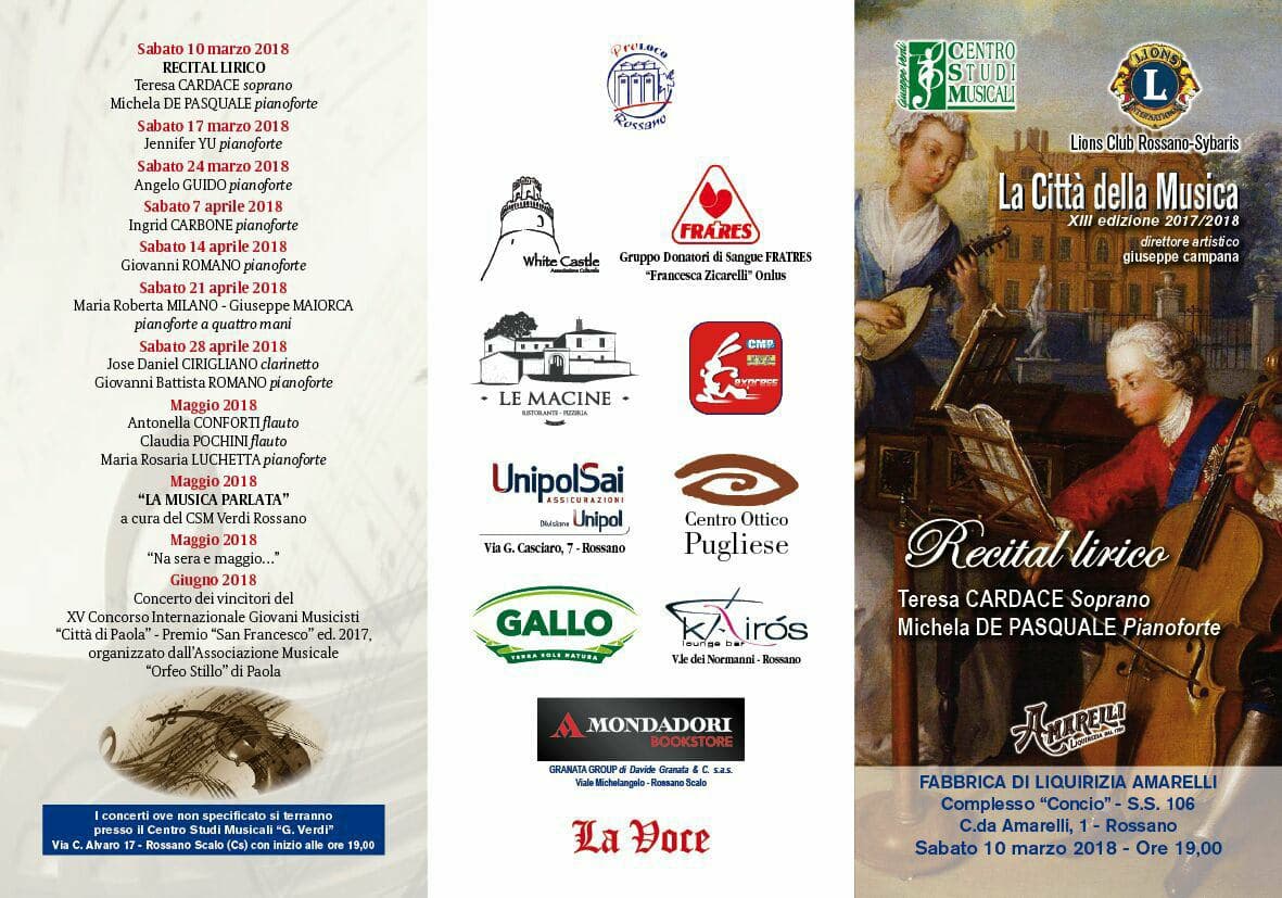 Rossano, Città della Musica: il 10 Fabbrica Amarelli, recital lirico di Cardace e De Pasquale