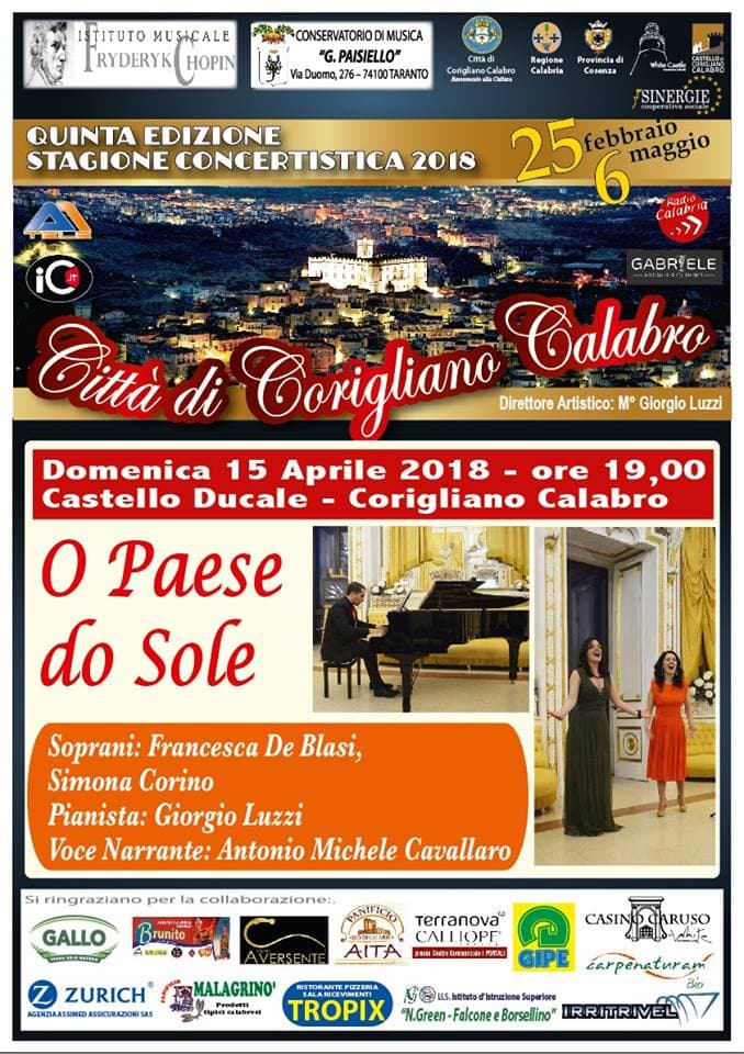 Corigliano,stagione concertistica: il 15 aprile "O paese do Sole"