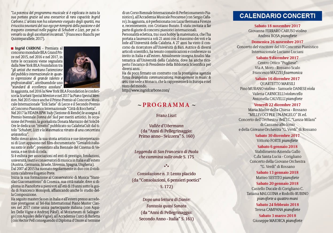 Città della Musica: 7 aprile, Centro Studi Musicali Verdi, la pianista Ingrid Carbone