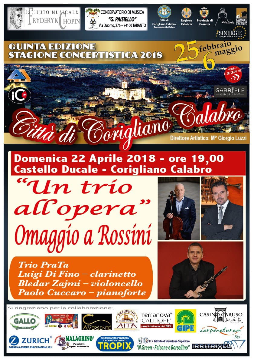 Stagione concertistica Corigliano: il 22 aprile omaggio a Rossini con il Trio PraTa