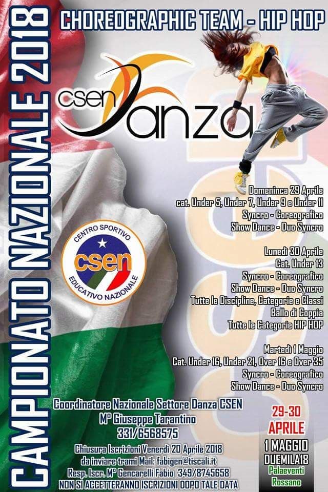 A Rossano, il 29 e 30 aprile e il primo maggio, i Campionati Nazionali Danza CSEN 2018