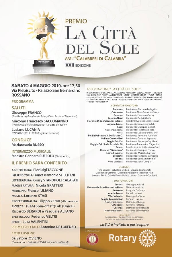 Rossano: oggi 4 maggio, la XXII ed. del premio "La Città del Sole" ospitato dal Rotary club Rossano "Bisantium"