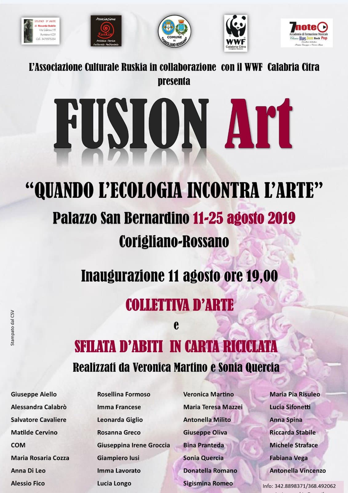 “Fusion Art – quando l’ecologia incontra l’arte”, in programma dall'11 al 25 agosto, palazzo San Bernardino, Rossano