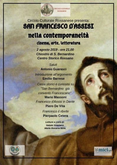 Il Circolo Culturale Rossanese presenta “San Francesco d’Assisi , nel cinema, nell’arte e nella letteratura”