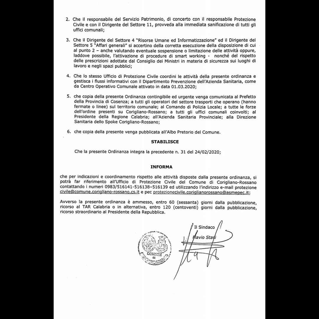 Corigliano Rossano, urgente ordinanza del sindaco: quarantena per chi rientra dal nord e obbligo per le autolinee di comunicare gli elenchi passeggeri